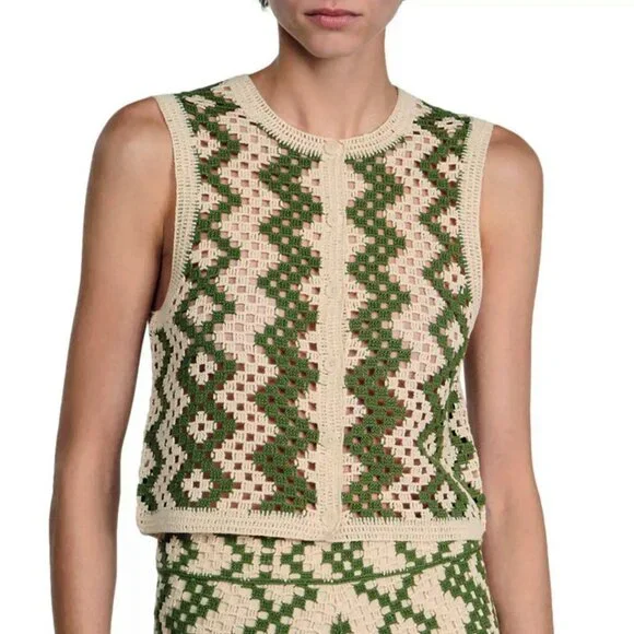 New Sandro Henrika Geo Crochet Vest Ecru Olive Large $295 - Picture 1 of 9